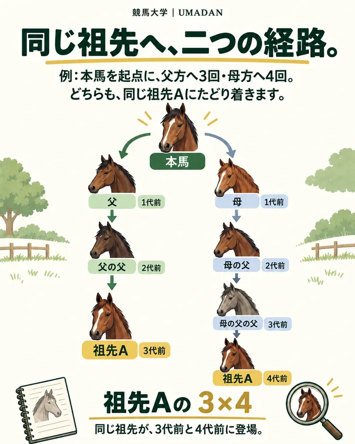 本馬から父方は3回、母方は4回さかのぼると、同じ祖先Aにたどり着く例。