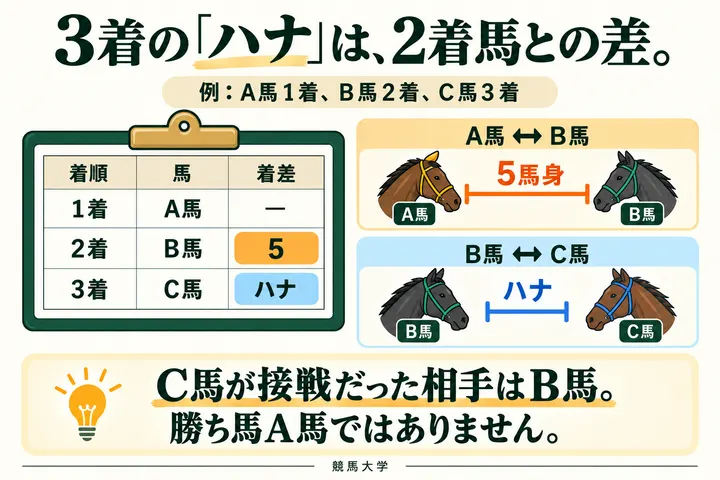 2着B馬は1着A馬から5馬身、3着C馬は2着B馬からハナ。C馬のハナは勝ち馬との差ではない。