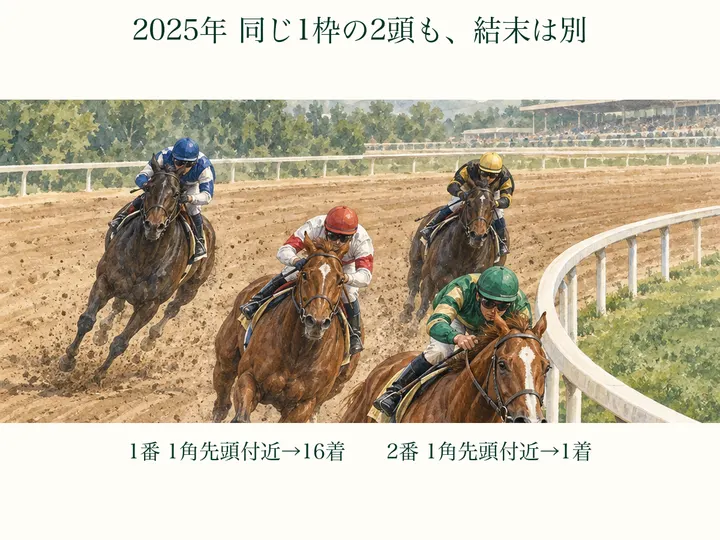 2025年チャンピオンズカップの2頭。ともに1枠から出て1角では先頭付近の組にいたが、最終着順は1着と16着に分かれた。