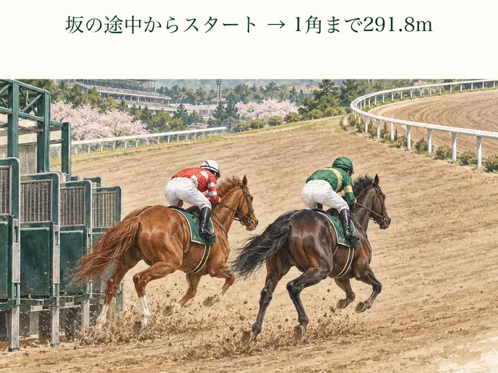 中京ダート1800mの発走から1コーナーまで。ゲートは上り坂の途中にあり、最初のコーナーまで291.8m。