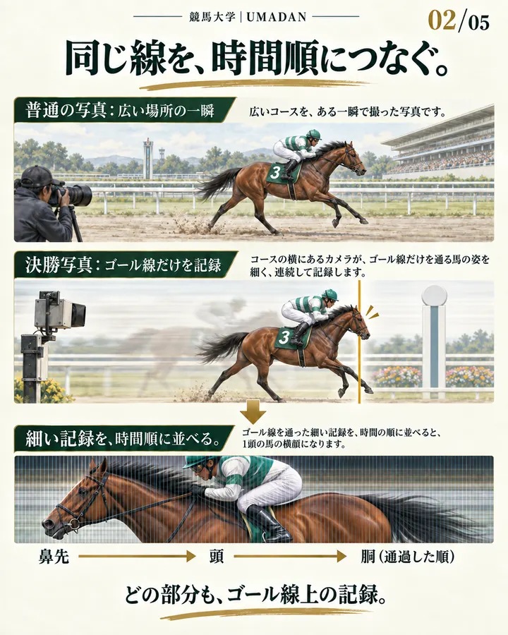 普通の瞬間写真と、決勝線だけを時間順につなぐ決勝写真の違い