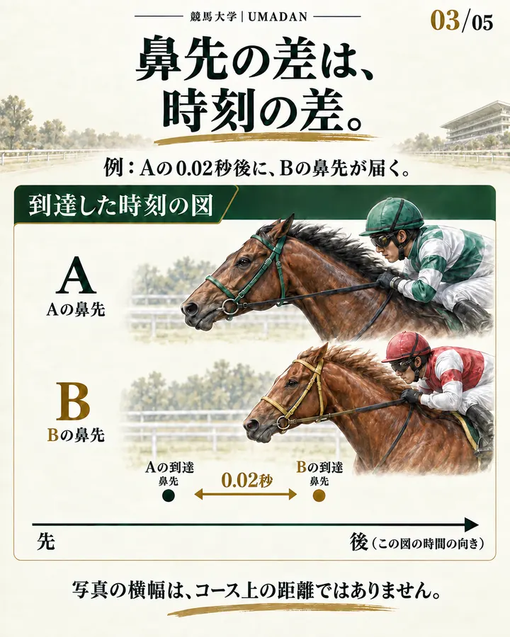 A馬の鼻先の記録から0.02秒後にB馬の鼻先が記録される時間順の例