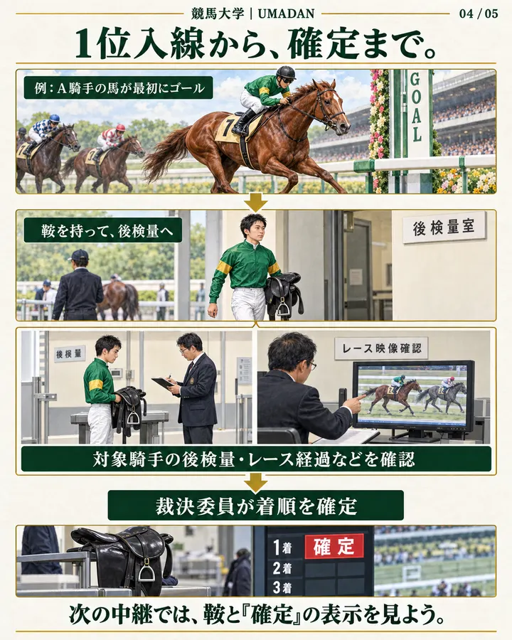 A騎手の1位入線から後検量、着順確定までの例