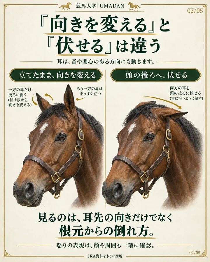 耳を立てたまま向きを変える様子と、両耳を頭の後方へ伏せた様子の比較。向きだけでなく、根元からの倒れ方を見る。