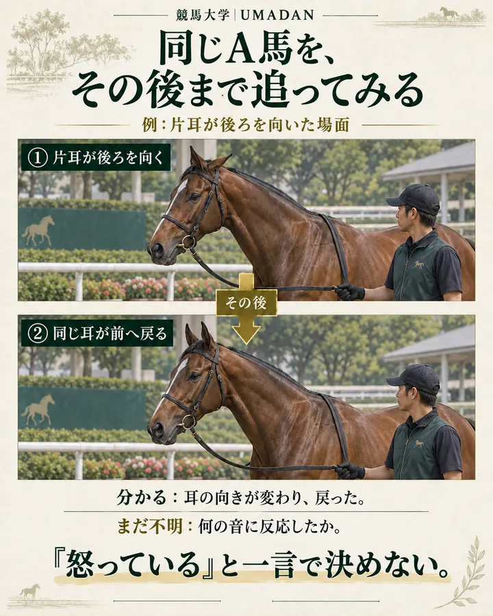 A馬の片耳が後方を向いた場面と、後に同じ耳が前へ戻った場面。後方に人は見えるが、音の原因までは確定しない。
