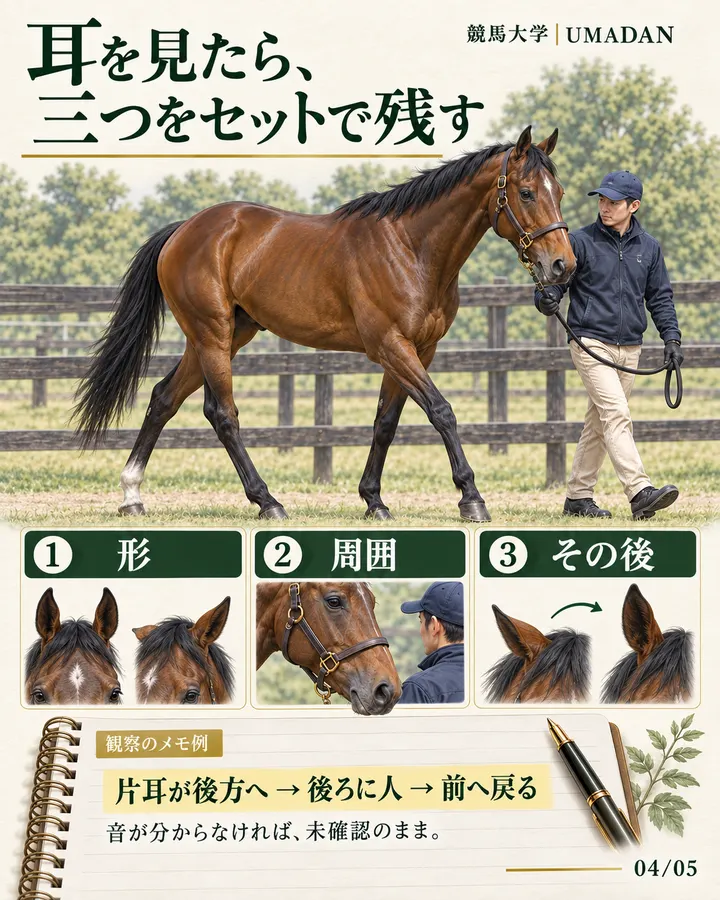 パドックを観察する際のメモ。形、周囲、その後の三つを同じ馬について記録する。