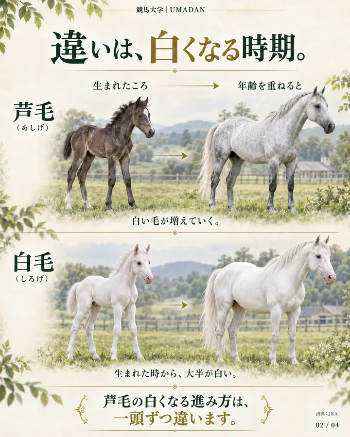 芦毛と白毛を、生まれたころと年齢を重ねた後で比べる図。芦毛は白い毛が増え、白毛は生まれた時から大半が白い。