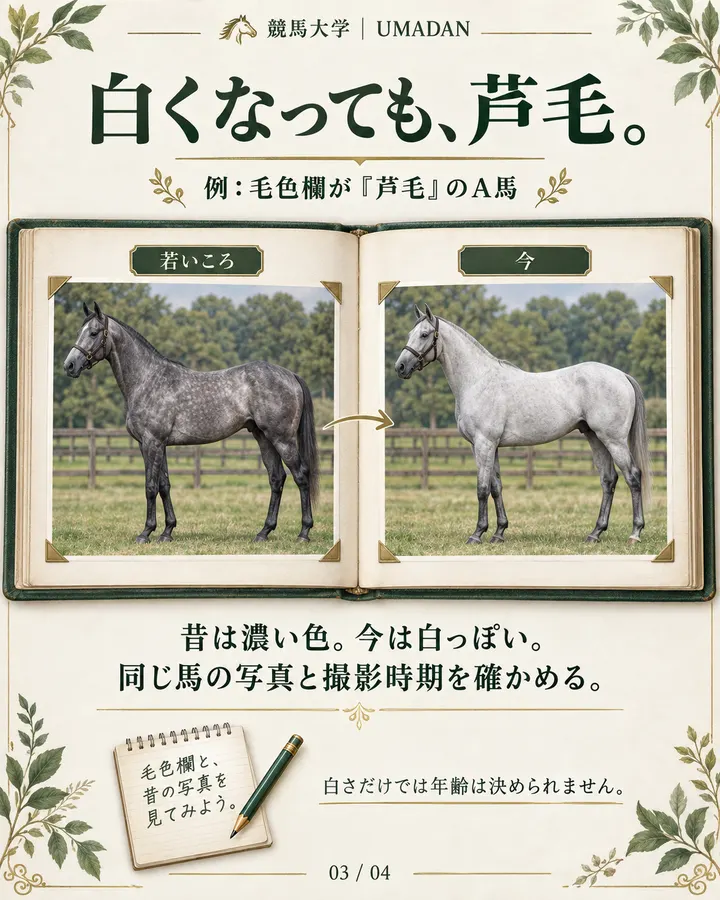 例として、毛色欄が芦毛のA馬の若いころと今を比較。濃い色から白っぽくなっても、白毛に変わったわけではない。