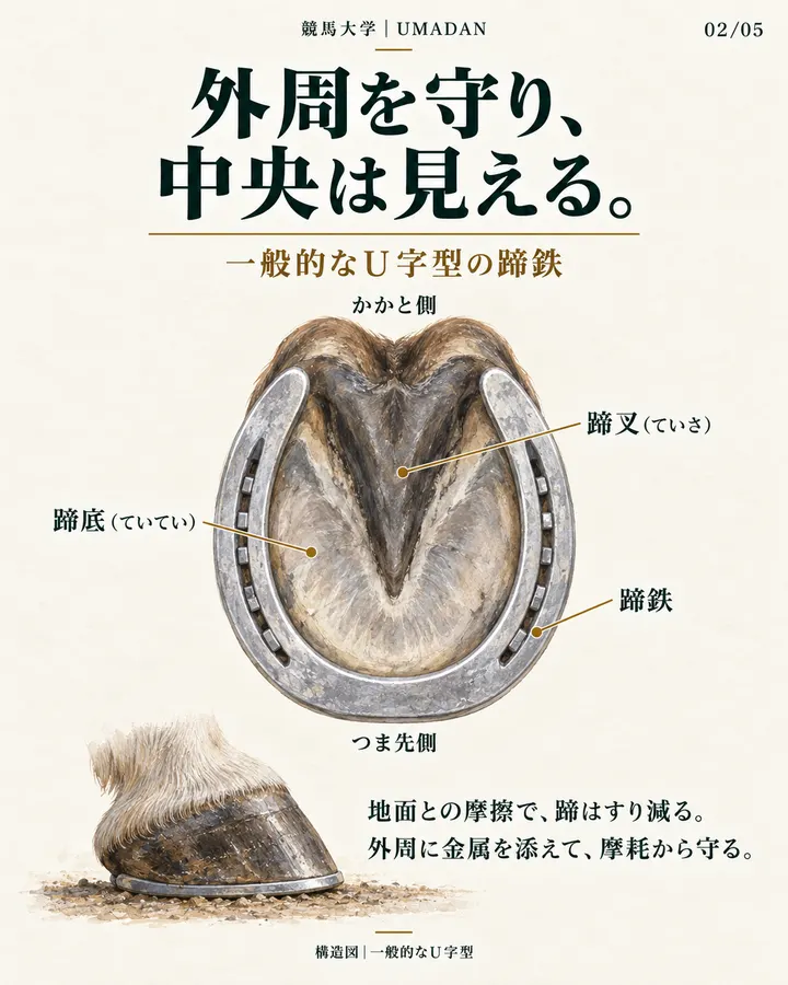 一般的なU字型蹄鉄を付けた蹄の裏面。金属は外周に沿い、内側には蹄底と三角形の蹄叉が見える。