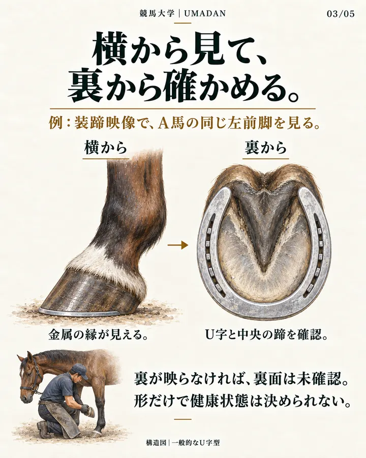 同じA馬の左前脚を横と裏から比べる例。横では下端の金属の縁、裏ではU字型の金属と中央の蹄が見える。