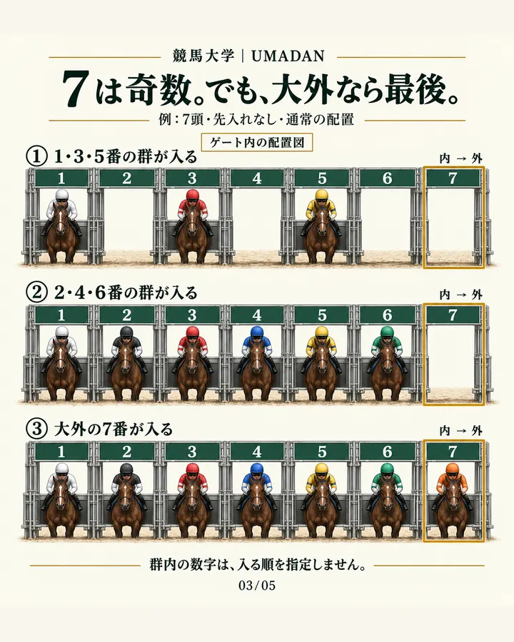 先入れなし・7頭・通常配置の例。奇数群は1・3・5、偶数群は2・4・6、大外の7は最後。群内の数字は入る順を指定しない。