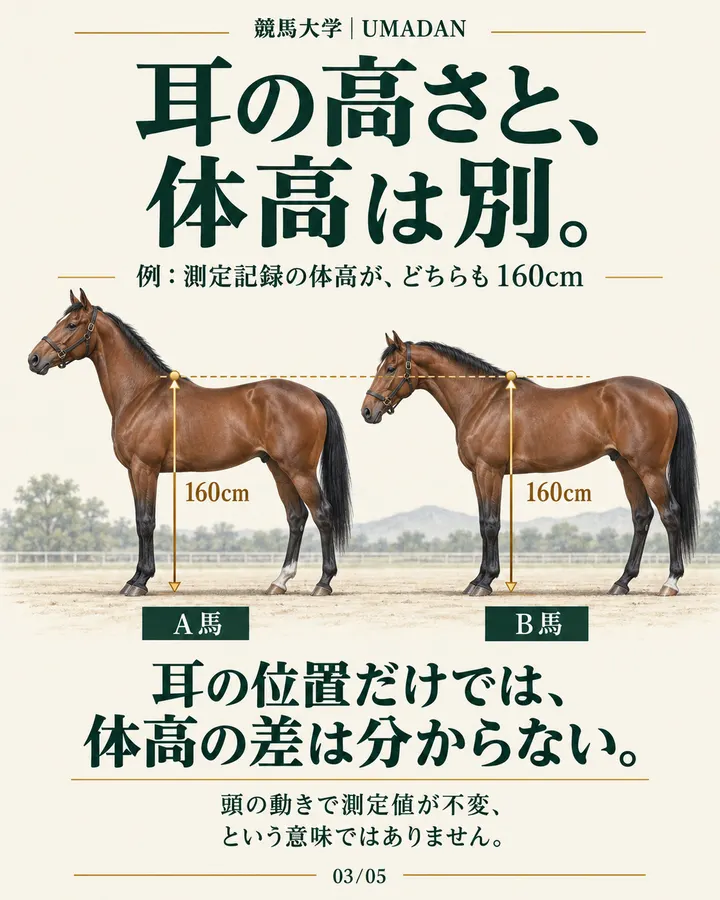 測定記録の体高がともに160cmのA馬とB馬。耳の位置は違っても、図の体高の基準は両方ともき甲。