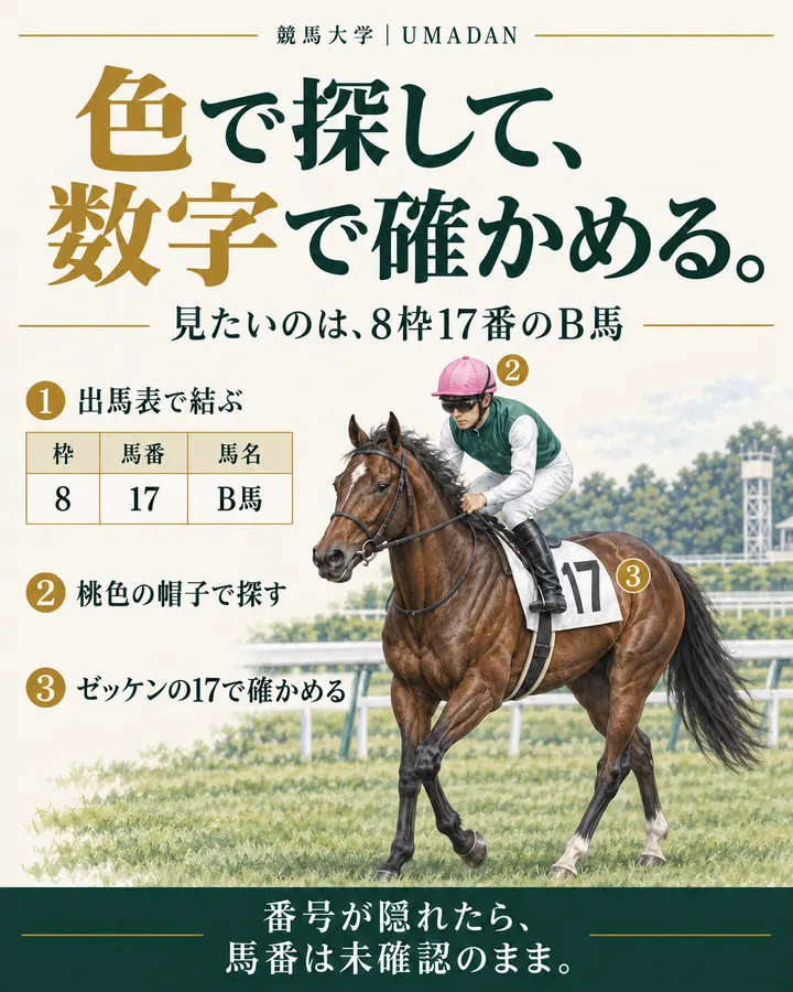 17番を追う順番。出馬表で8枠17番を確認し、帽色で探す範囲を絞り、ゼッケンの17で一頭を確かめる。番号が隠れた場面は、帽色だけで17番と決めない。