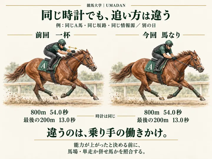 A馬の前回と今回を左右に比較。どちらも800m54.0秒、最後の200m13.0秒。前回は一杯、今回は馬なり。時計は同じでも追い方は異なる。
