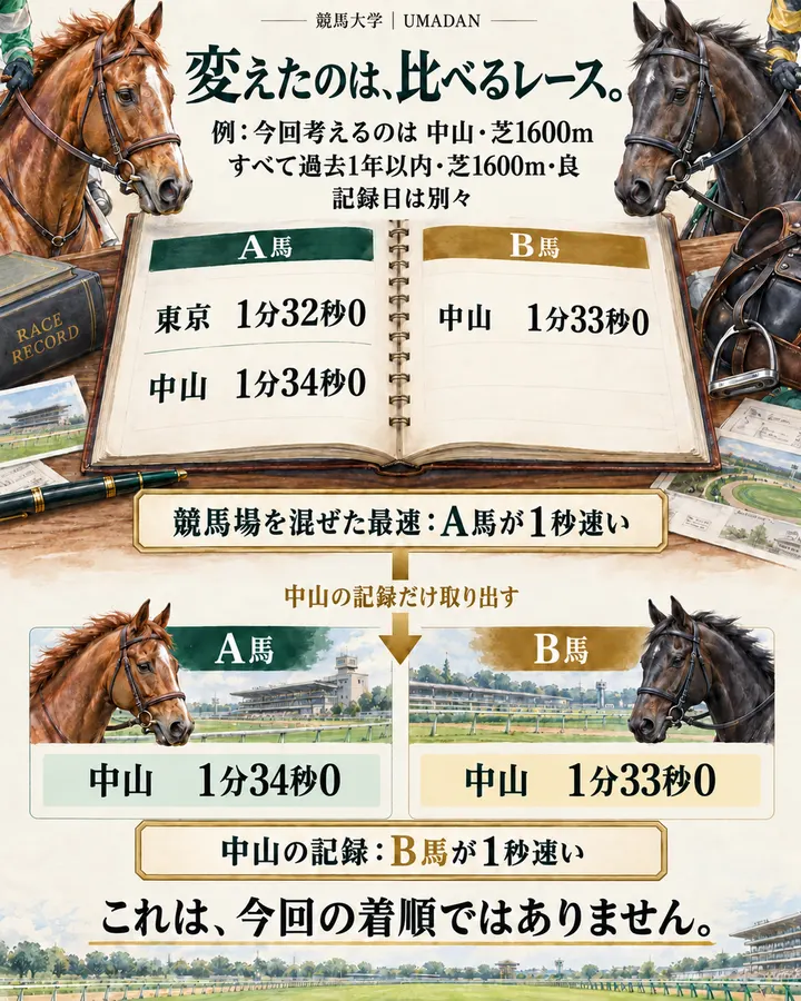 三つの芝1600mの記録から比較する一走を選び直す。競馬場を混ぜるとA馬の東京1分32秒0が最速。中山だけではA馬1分34秒0、B馬1分33秒0となり、B馬の記録が1秒速い。今回の着順を示す図ではない。