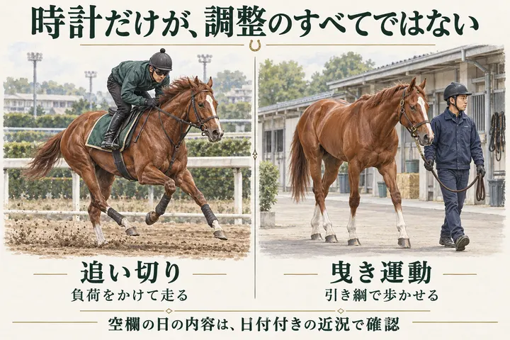 時計だけが、調整のすべてではない。左に追い切りで走る馬と「負荷をかけて走る」、右に曳き運動で歩く馬と「引き綱で歩かせる」。空欄の日の内容は、日付付きの近況で確認。