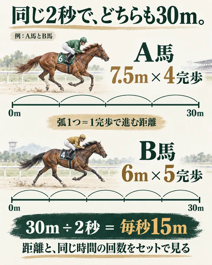 同じ2秒間で、A馬は7.5mを4完歩、B馬は6mを5完歩。どちらも30m進み、平均速度は毎秒15mになる。