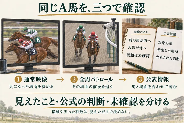 同じA馬を、三つで確認。①通常映像：気になった場所を決める。②全周パトロール：その場面の前後を追う。③公表情報：馬と場面を合わせて読む。緑の勝負服のA馬と赤の勝負服の馬を、横と正面に近い二つの映像で描く。映像のメモは「前の馬が内へ、A馬が外へ、接触は未確認」。公表情報では「対象の馬、発生した場所、公表された判断」を照合する。見えたこと・公式の判断・未確認を分ける。接触や失った秒数は、見えただけで決めない。