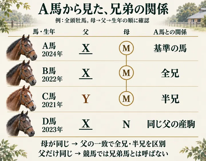 A馬は父X・母M。B馬は父母とも同じで全兄、C馬は母Mが同じで父Yが異なるため半兄。D馬は父Xだけが同じで、競馬では兄弟馬とは呼ばない。