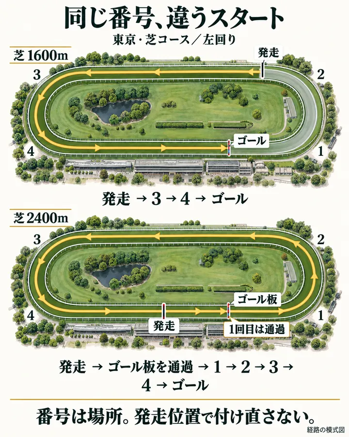 同じ番号、違うスタート。東京・芝コース/左回り。二つの経路の模式図で、コーナー番号は1が右下、2が右上、3が左上、4が左下と共通。芝1600mは2コーナー付近の発走地点から反対側の直線を進み、発走→3→4→ゴール。芝2400mは正面の直線から発走し、ゴール板の1回目は通過。発走→ゴール板を通過→1→2→3→4→ゴール。番号は場所。発走位置で付け直さない。