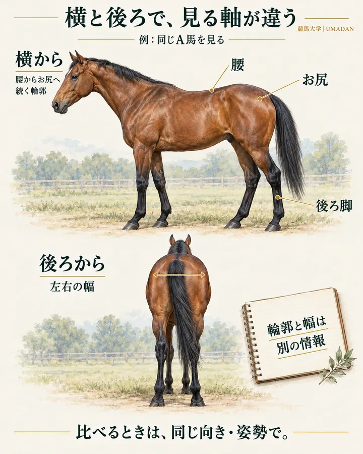 横と後ろで、見る軸が違う。例:同じA馬を見る。競馬大学|UMADAN。上段は横向きの馬で、腰・お尻・後ろ脚の位置と、腰からお尻へ続く輪郭を示す。下段は後ろ向きの同じ馬で、左右の幅を矢印で示す。輪郭と幅は別の情報。比べるときは、同じ向き・姿勢で。